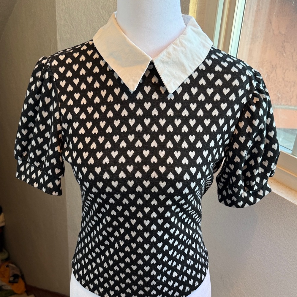 Heart Patterned Black and White Women's Top